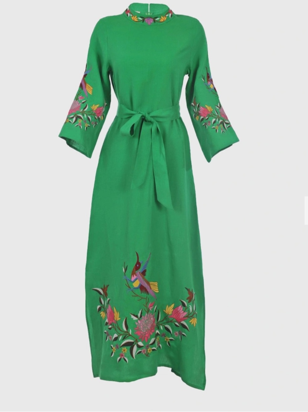 Fanm Mon Asia Linen Floral Embroidery Maxi Dress-Kelly Green L
